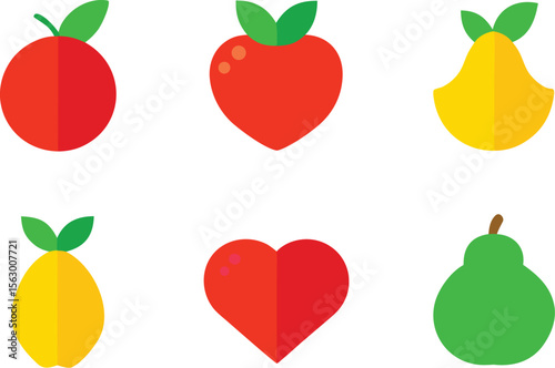 Flat Design Fruit Icons: Apple, Strawberry, Pear, Heart Shapes - Vector Illustration for Graphic Design, Food, and Healthy Lifestyle