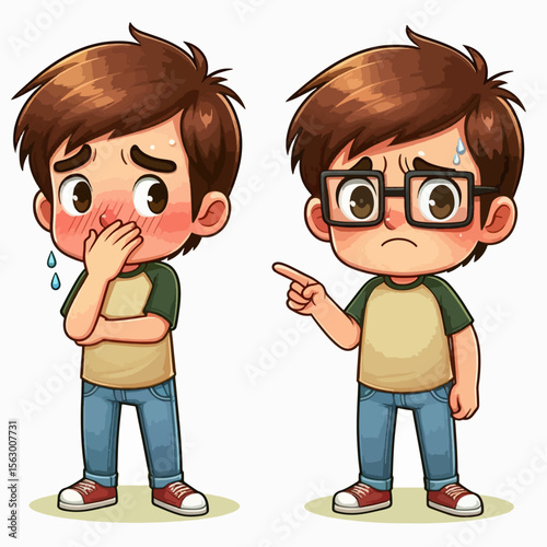 Two cartoon boy figures, one distressed and one pointing, showcasing diverse emotions and expressions.