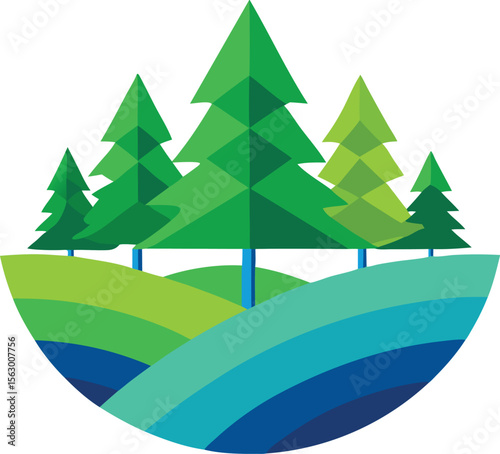 Geometric Evergreen Trees Landscape Vector: Modern Nature Illustration of Forest, Hills, and Blue Water in a Circular Design