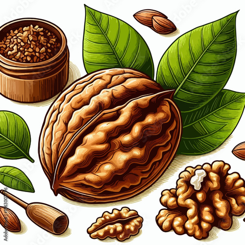 Colorful and detailed graphic design featuring various components of a walnut, including the nut, its shell, and leaves, displayed on a plain white background.