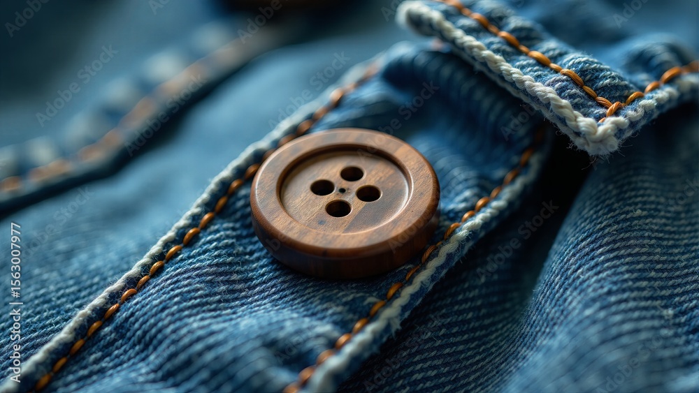 Brown Wooden Button on Blue Denim Fabric Brown Wooden Button on Blue Denim Fabric