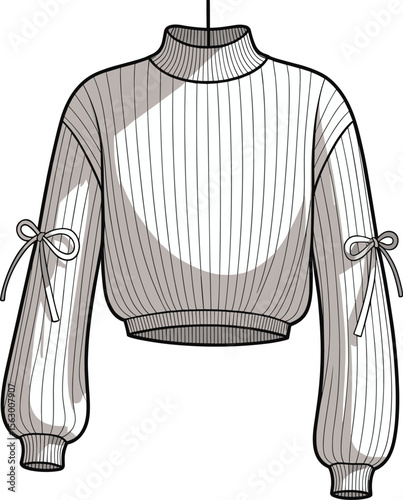 CAD drawing flat vector illustration of cropped sweater, long sleeves, bow tie details, ribbed knit texture, high neck fashion, stylish garment sketch, cozy winter apparel layout