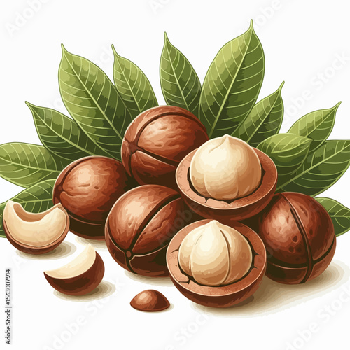 Vibrant digital illustration of macadamia nuts, whole and halved, nestled amongst lush green leaves, set against a plain white background.