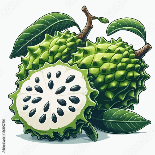 Digital illustration of two star fruit, one whole and one halved, displaying their characteristic pattern of seeds.  Green leaves are arranged around the fruits.