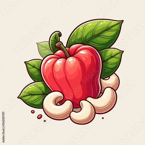 Vivid artistic representation of a red fruit, possibly a bell pepper, surrounded by cashew nuts and verdant leaves.  The style is cartoonish yet detailed.