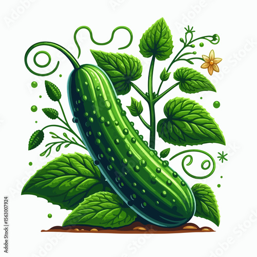 Vibrant digital illustration of a cucumber and its foliage, presented against a clean white background.  The image is detailed and highlights the natural aspects of the fruit and plant.
