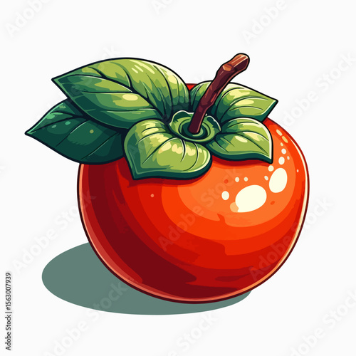 Vividly colored, digitally created representation of a round red  with detailed green leaves and stem, presented against a plain white backdrop.