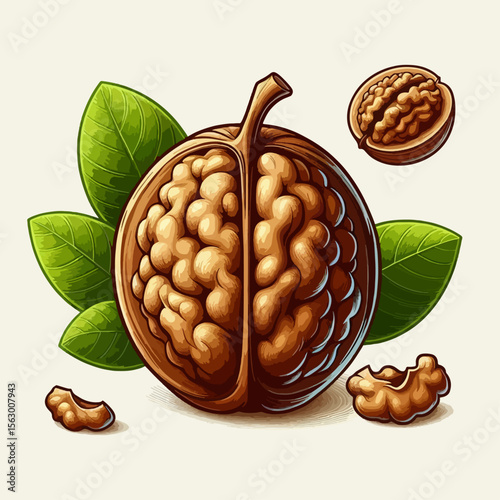 Detailed  visual  representation  of  a  split  walnut  revealing  the  kernel  and  surrounding  shell,  with  additional  walnut  pieces and leaves.