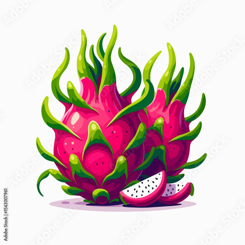 Digitally rendered, whole and sliced pink dragon fruit against a white background, showcasing vibrant colors and details.