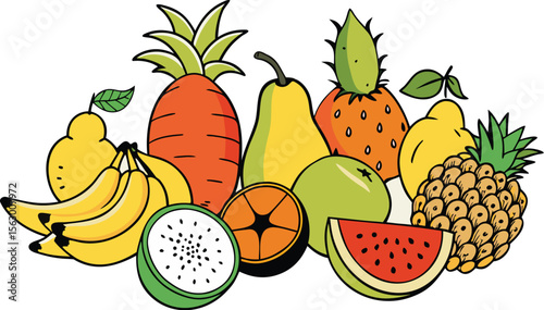 Colorful Fruit Still Life Illustration: Bananas, Pineapples, Watermelon, Oranges, Pear, Lemons, Mango, and Dragon Fruit Clipart