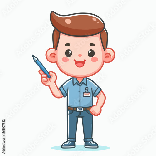 Cartoon illustration of a smiling young person, dressed in casual attire, holding a pen and gesturing.