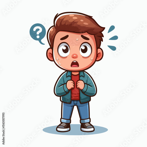 Cartoon depiction of a young boy, with a perplexed expression and slightly sweaty appearance.