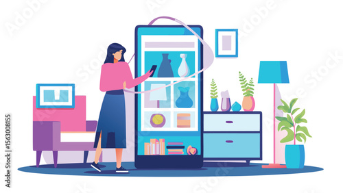 Woman uses phone to browse online store with shelves in a modern living room setting for home decor items
