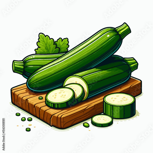 Vibrant illustration of two whole zucchini and slices resting on a wooden cutting board, showcasing a healthy and fresh produce item.