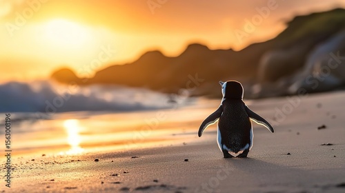 Penguin on beach at sunset
