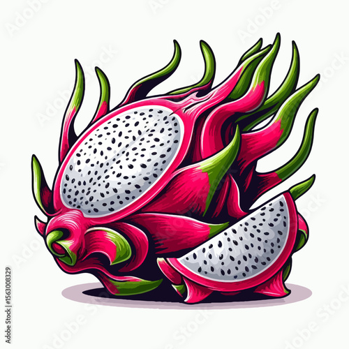 Vivid digital depiction of a dragon fruit, showcasing its segments and vibrant colors against a white background.