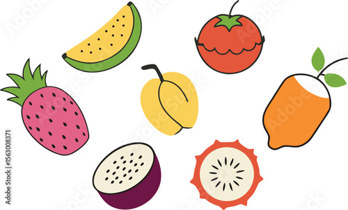 Colorful Cartoon Fruit Illustration: Strawberry, Mango, Melon, Passion Fruit, Apricot, Tomato, Kiwi - Vector Graphic