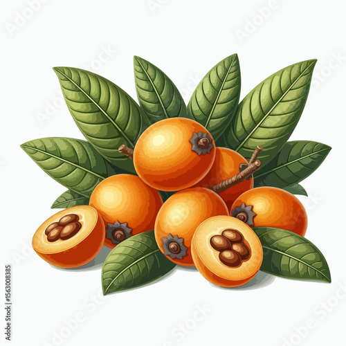 Collection of  orange fruits with green foliage.  A few sections are shown, showcasing their internal structure.  The image is designed for food illustration.