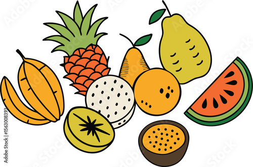 Colorful Tropical Fruit Clipart: Pineapple, Watermelon, Banana, Pear, Orange, Kiwi, Passion Fruit, Coconut Vector Illustration