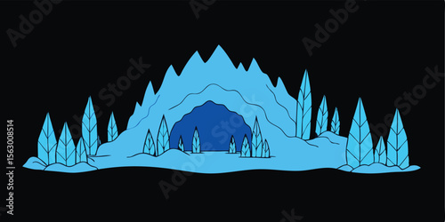 Mountain landscape vector illustration of nature at sunset with trees, clouds, and a sun silhouette