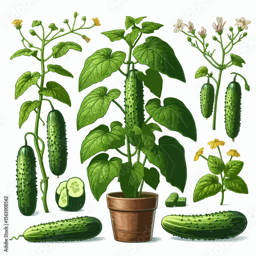 Collection of botanical illustrations showcasing various parts of a cucumber plant, including fruits, leaves, flowers, and stems, in a decorative style.