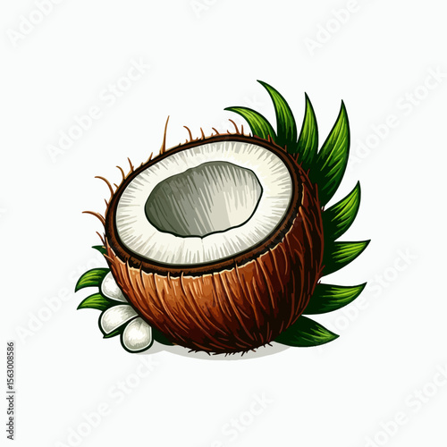 Stylized graphic image of a halved coconut, encircled by tropical leaves, exhibiting intricate details of its texture and form.