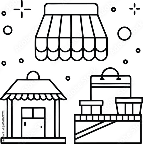 Shop storefront, retail store, online shopping, market stall, business icon