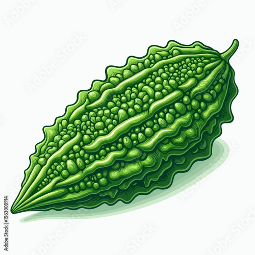 Vibrant green illustration of a whole bitter melon, showcasing detailed textures and colors against a plain white background.