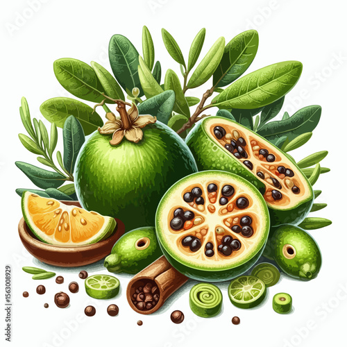 Digital illustration of various exotic fruits and spices, including citrus, limes, and cinnamon, arranged in a visually appealing composition.