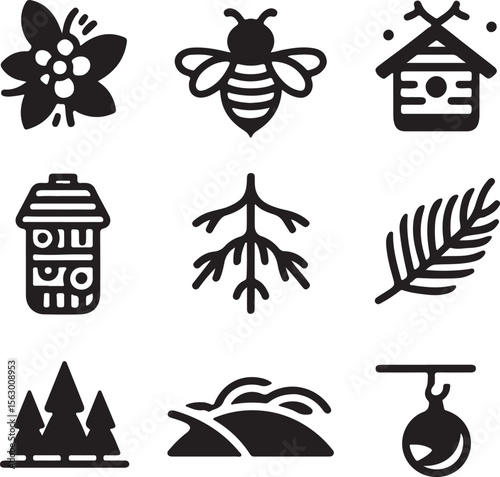 Nature elements bee flower trees and beehive icons