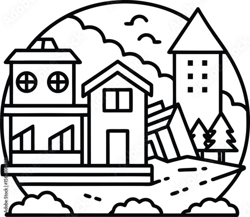 Charming Village Landscape Line Art Illustration of Houses, Mountains, and Trees
