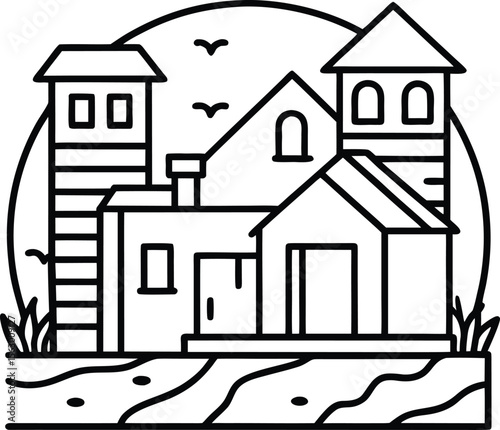 Charming Coastal Village Line Art Illustration of Houses by the Sea
