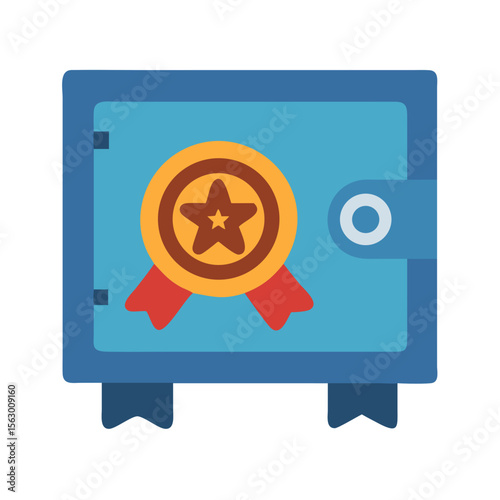 Blue safe deposit box featuring gold medal illustration