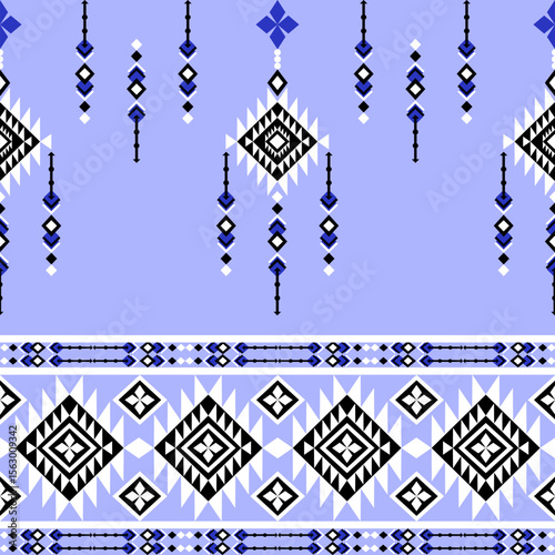 Black and white geometric ethnic boho seamless pattern on a soft-blue background. Native ethnic pattern. Tribal pattern. Aztec style. Ideas for wallpaper, tiles, elaborate borders, and textiles.