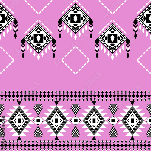 Black and white geometric ethnic boho seamless pattern on a pink background. Native ethnic pattern. Tribal pattern. Textile rapport. Ideas for wallpaper, tiles, elaborate borders, and textiles.