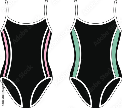 CAD drawing flat vector illustration of stylish swimsuits, black base color, pink and green side panels, white trim edges, front view sketch, trendy summer fashion, garment layout