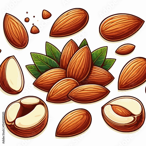 Collection of whole and halved almonds, displayed against a white background, with leaves and scattered pieces. The image shows almonds from various angles, showcasing their texture and form.
