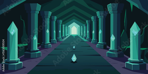 Abstract 3D render of a stone column corridor with arches and perspective lighting, evoking an old European abbey's historical architecture