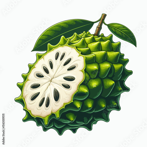 Vibrant illustration of a star fruit, cut in half, showing its segmented interior and textured exterior.  Green leaves and stem are included in the graphic.