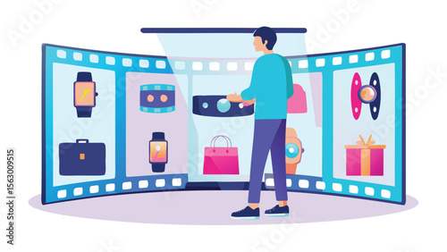 Man standing in front of a virtual display showcasing various products in a futuristic setting scene