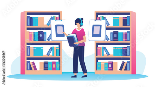 A person is reading a book in a library with bookshelves and screens showing book information online