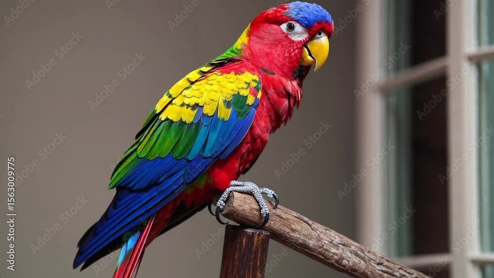 A vibrant parrot perches on a stand, bobbing its head and mimicking human voices with cheerful squawks.