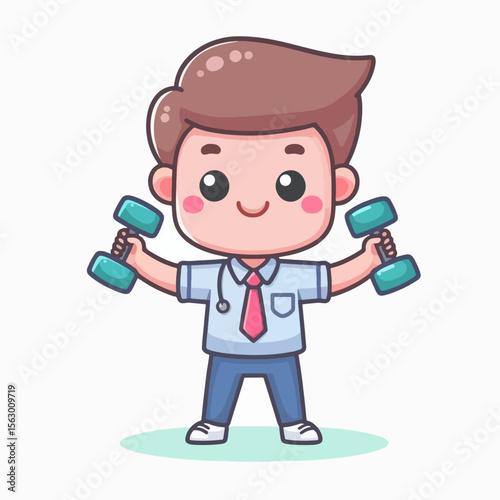 Cheerful cartoon depiction of a young person, dressed in a shirt and tie, performing a light weightlifting activity.