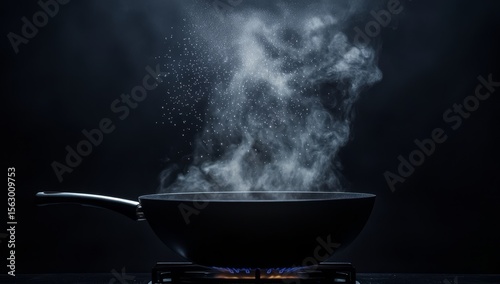 Hot Wok Cooking, Steam Rising, Dark Kitchen Background