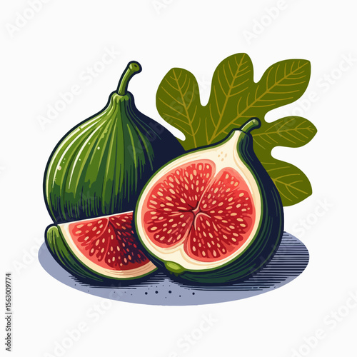 Stylized illustration of two whole figs and a half of a fig, along with a fig leaf.  The image showcases a detailed, graphic design style.