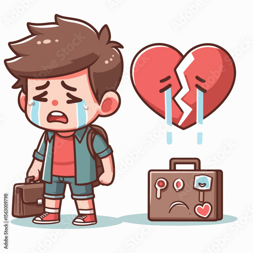 Cartoon depiction of a sorrowful young person standing beside a broken heart and a suitcase, conveying feelings of heartbreak and departure.