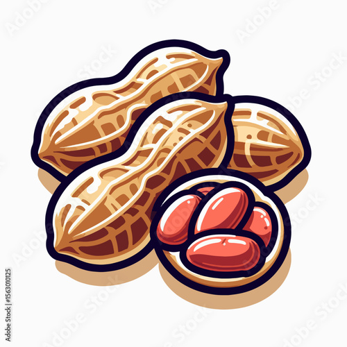Three whole peanuts and one open peanut with visible seeds displayed in a detailed style illustration.
