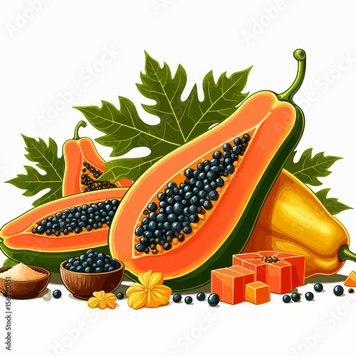 Vibrant graphic illustration of papaya slices, leaves, and seeds arranged on a white background.  Tropical fruits, vibrant colors, and details are emphasized.