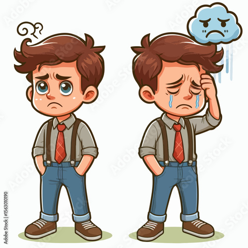 Side-by-side depictions of a cartoon boy, one appearing worried and the other crying, highlighting contrasting emotional expressions.