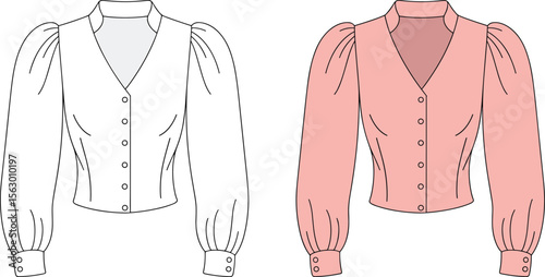 CAD drawing flat vector illustration of women’s blouses, puff sleeve design, front button closure, V-neck styling, elegant fashion sketch, pink and monochrome garment layout template
